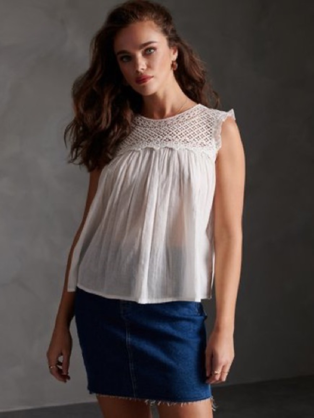 Democracy Lace White Sleeveless Crochet Yoke Top boho Cottagecore